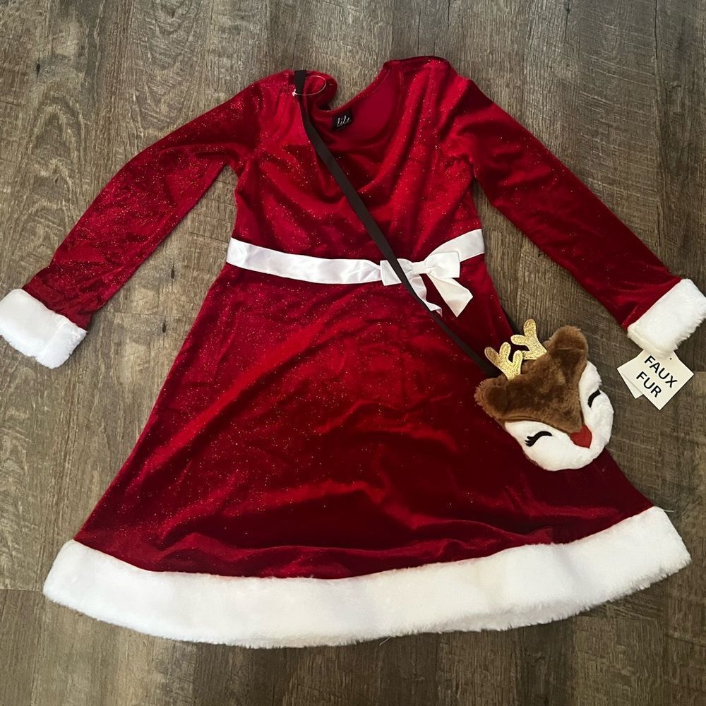Lilt Faux Fur Girls Dress with Reindeer Purse- Size Medium
